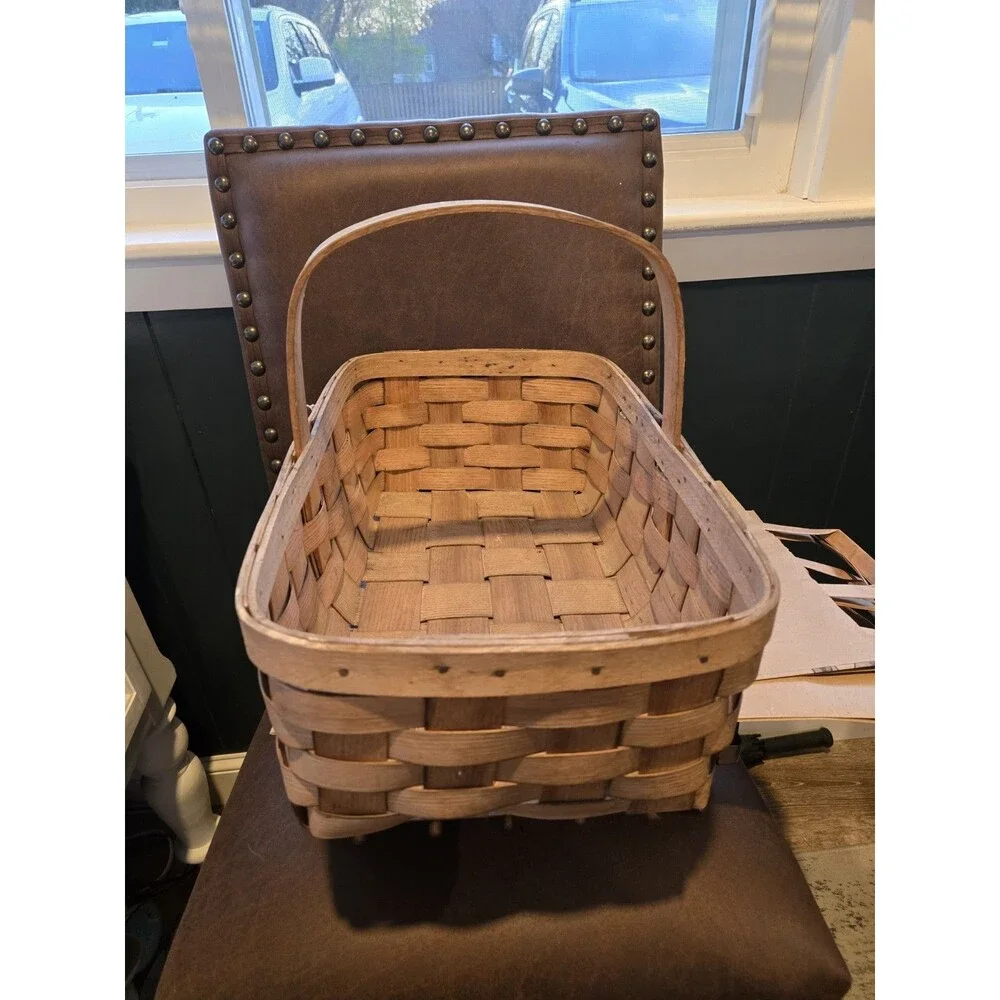 VTG Basketville Wood Woven Open Gathering Basket Fixed Handle Putney Vermont